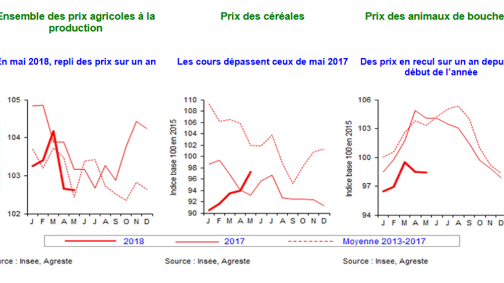 Les prix des produits agricoles à la production baissent sur un an. © Agreste